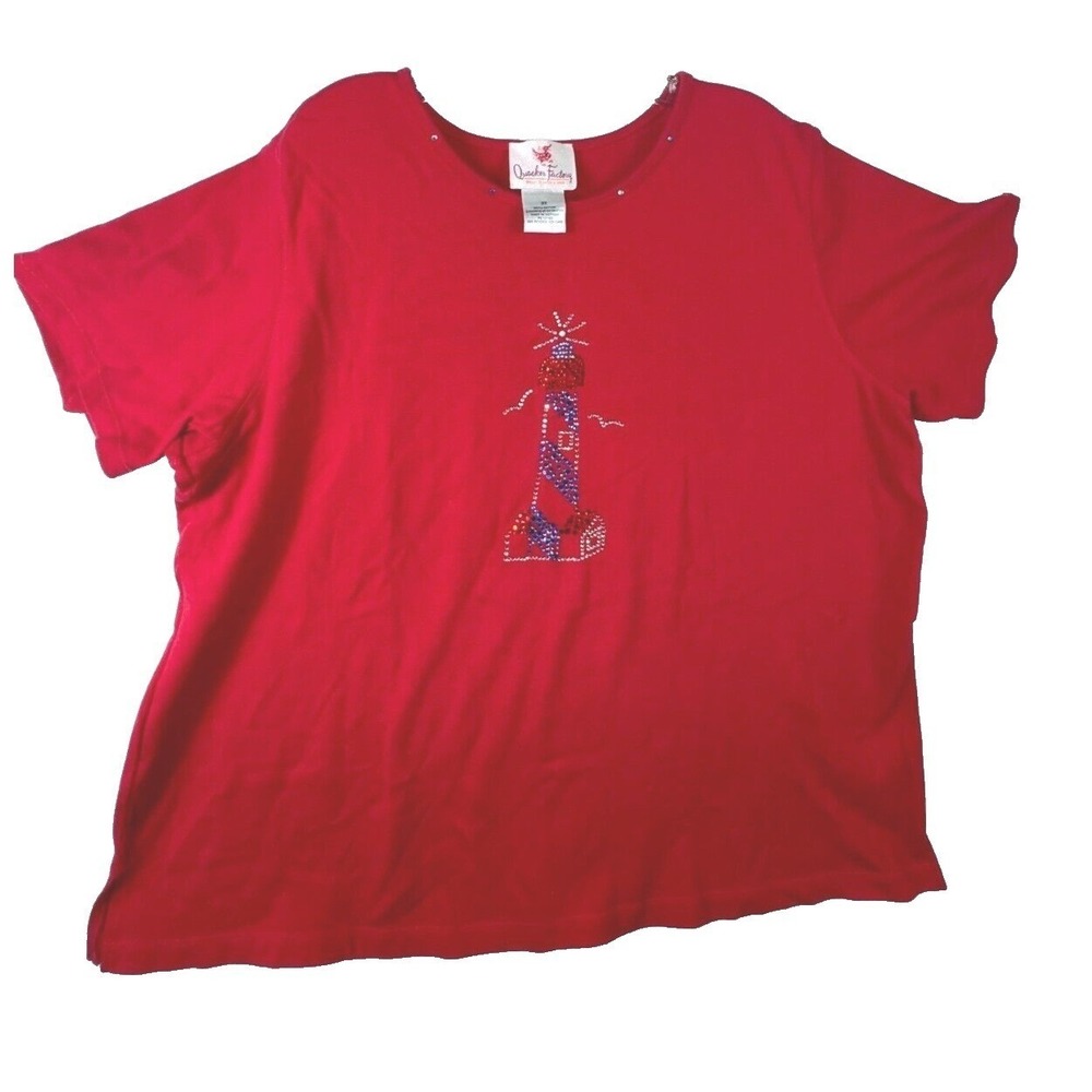 Quacker Factory T-Shirt Women's 2X Red Rhinestone Lighthouse Short Sleeve Top
